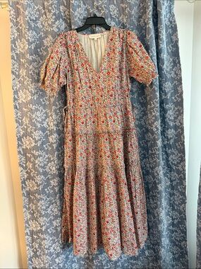 Floral V-Neck Midi Dress in Red, Green & Cream